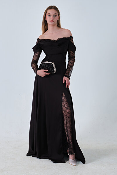 Feminist Kolları Dantel Detaylı Drapeli Abiye Siyah 9705561