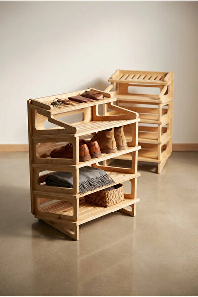 KUT TASARIM Ahşap Ayakkabılık 5 Katlı 5 Raflı 10 Çift Ayakkabı Doğal ve Siyah...