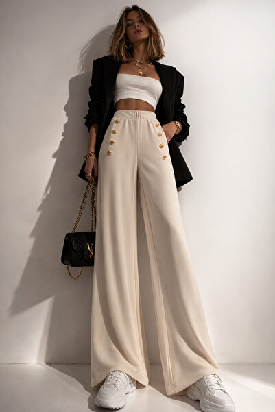 ribana Women's New Season Button Detailed Crepe Fabric Wide-Leg Trousers 4652