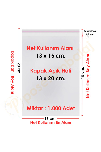 CarpCorn 13x15+5 Cm. (13*20) 1.000 Adet - Şeffaf Bantlı Yapışkanlı Opp Jelati...