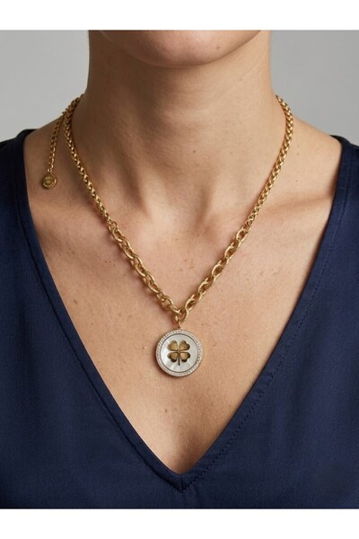 aurora dükkan Çelik Gold Sedefli Yonca Zincir Kolye