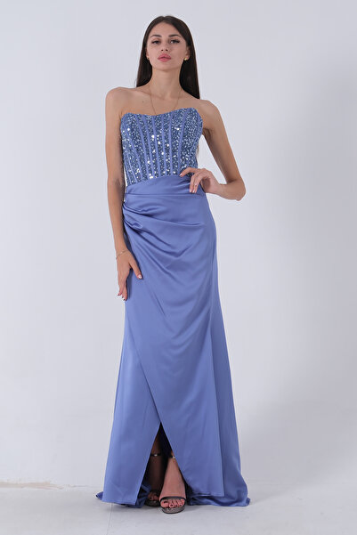 Feminist فستان سهرة من الساتان الأزرق - مزين بالترتر والأحجار9705294