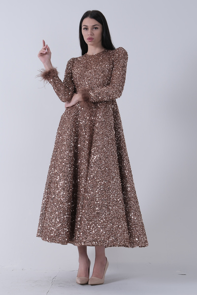 Feminist Pul Payetli Kol Ucu Tüylü Tesettür Abiye Gold 6502492