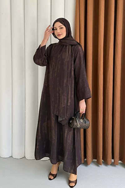 Modaensarbutik Şallı Ekose Desenli Şifon Tesettür Elbise-KAHVERENGİ