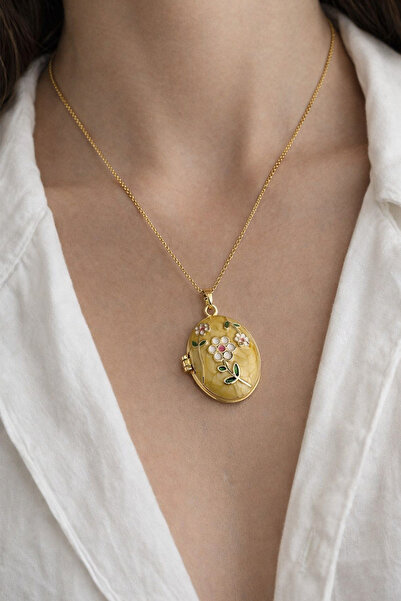 Modex قلادة بغطاء على شكل زهرة صفراء اللون من الفولاذ الذهبي (40 سم)