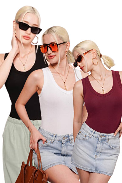 Madmext Black/White/Burgundy Deep V-Neck 100% Cotton Basic Women's Tank Top M...