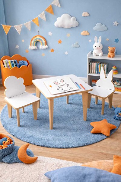 Asrimo mobilya Yaz Sil Yüzeyli Çocuk Aktivite Masa Sandalye Takımı - Tavşan B...