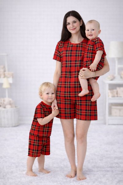 Drop Kids Mother Baby Pajama Set Combination Plaid Pattern Shorts (Sold Individually)