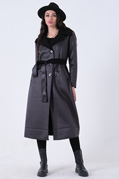 Feminist Süet Düğmeli Seyyar Kemerli Kaban Siyah 0108087