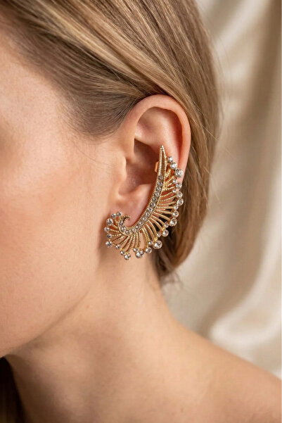 PETEK AKSESUAR أقراط أذن مرصعة بالأحجار الكاملة مقاس 5 سم على الأذن اليسرى