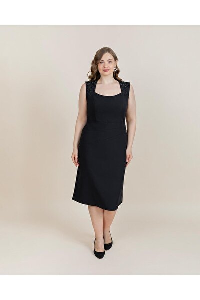 DORİDORCA 7015 Kare Yaka Omuz Boncuklu Kısa Krep Elbise