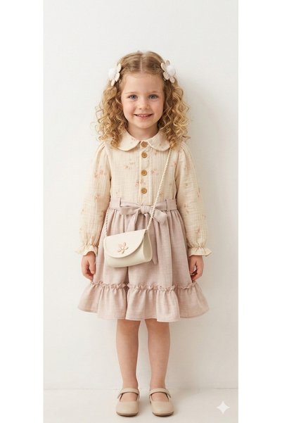 zehracatasariim Bayrama Special Balloon Sleeve Flower-Detail Lined Girls' Dress Is a Gift (Size Bag).