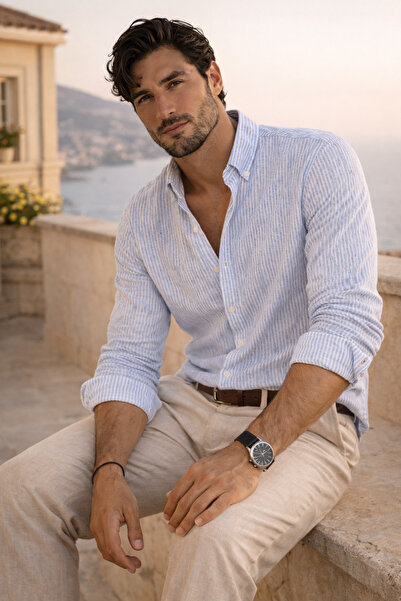 Valiberta Μπλε βαμβακερό πουκάμισο - Όρθια ρίγες και φτερό