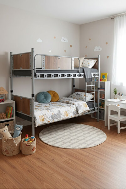 ARGİMO Elegan Genç Çocuk Odası Ahşap Başlıklı Metal Ranza Ve Karyola 90x190