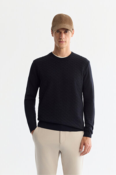Avva Men's Navy Blue Textured Basic Sweater E005107