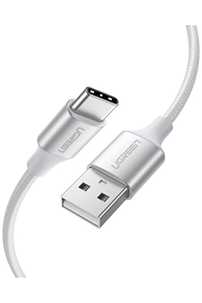 Ugreen USB-C - USB-A 3A QC Örgülü Hızlı Şarj Kablosu, 1 m, Gümüş Beyazı, 60131