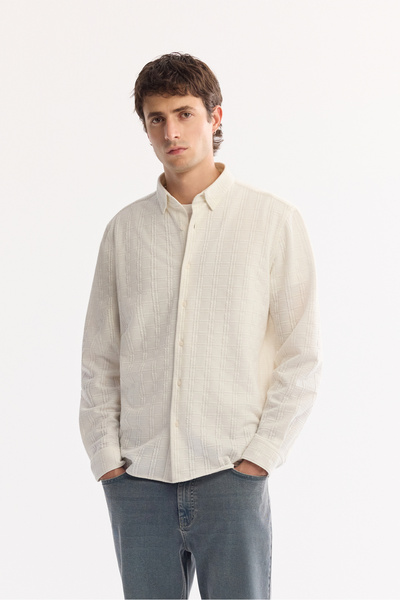 Avva Cămașă pentru bărbați, albă, cu guler cu nasturi, din bumbac, cu textura...