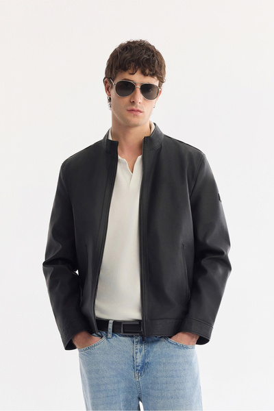 Avva Ανδρικό παλτό με φερμουάρ με ψηλό γιακά, δερμάτινη εμφάνιση, εποχιακή άν...