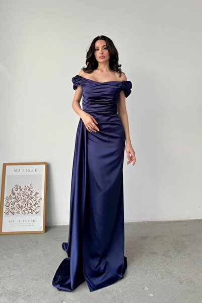 Feminist Drape Detaylı Saten Kumaş Abiye Elbise Lacivert 9704858