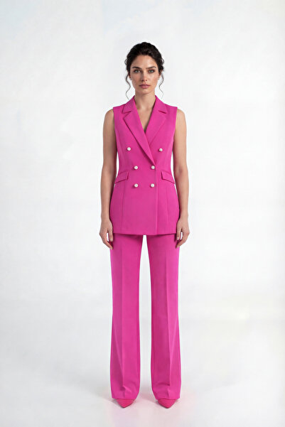 PEARL Slim Fit Krep Inci Düğmeli Kruvaze Fuşya Kadın Yelek Pantolon Takım | Ö...