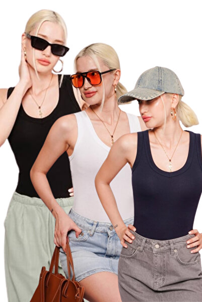 Madmext Black/White/Navy Blue Deep V-Neck 100% Cotton Basic Women's Tank Top ...