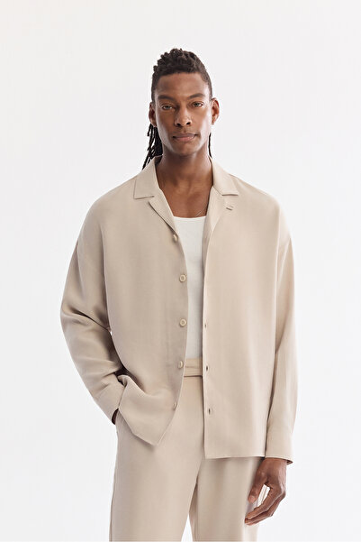 Avva Ανδρικό μπεζ πουκάμισο με κουβανέζικο γιακά Μοντάλ Blended oversized Fit...