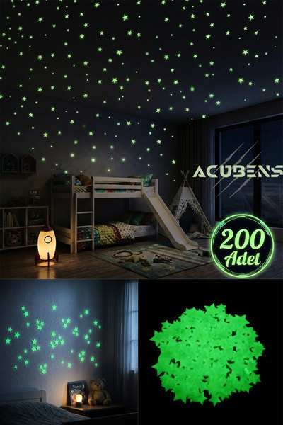 Acubens 200 Adet Karanlıkta Parlayan Fosforlu Yıldız Dekoratif Sticker