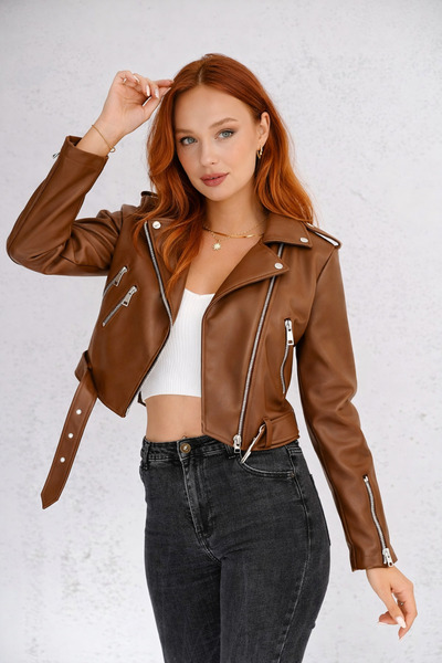 İLKCET MODA Jachetă de damă slim fit maro deschis cu detaliu cu fermoar pe mâ...