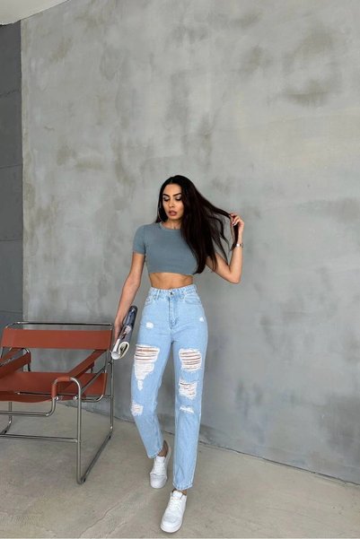 Harmony Premium Yırtık Detay Açık Mavi Mom Jeans