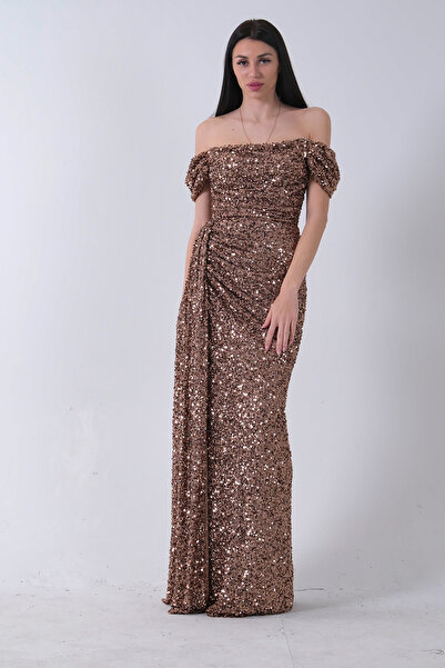 Feminist Drape ve Yırtmaç Detaylı Pul Payet Abiye Bakır 9705544