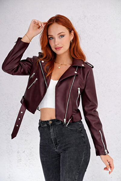 İLKCET MODA Γυναικείο μπουφάν με φερμουάρ με λεπτομέρεια Claret Red Slim Fit