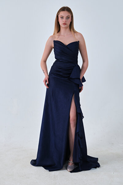 Feminist Önü Fırfırlı Straplez Abiye Lacivert 0801184