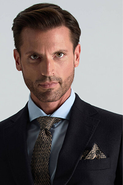 Hemington Çizgi Desenli İpek Karışım Lacivert-Bej Örgü Mendil