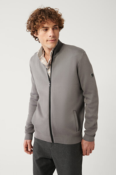 Avva Erkek Gri Dik Yaka Deri Detaylı Fermuarlı Viskon Triko Regular Fit Hırka...