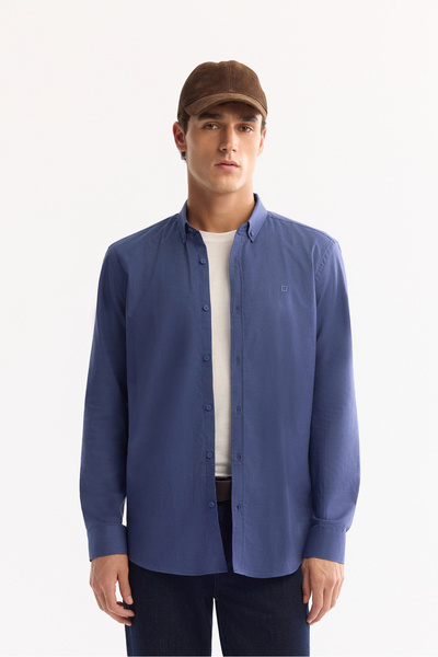 Avva Ανδρικό πουκάμισο με γιακά με κουμπιά Indigo 100% βαμβακερό λινό με υφή ...