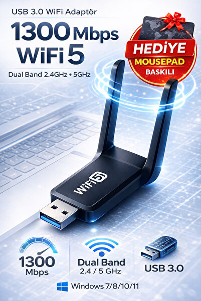 Zineets 1300 Mbps Dual Band Usb 3.0 Adaptör Kablosuz Wifi Alıcı 2.4ghz 5ghz N...