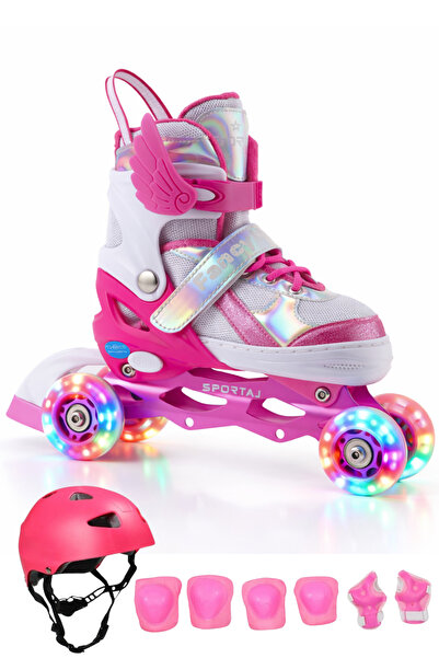 Sportaj Melek Kanatlı Işıklı Çocuk Pateni Kask ve Dizlik Seti Silikon Teker A...