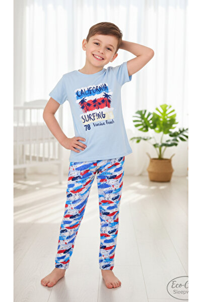 vitmo بيجامة أطفال - أطفال 100% قطن قطن للرجال بأكمام قصيرة، لون أزرق كاليفورنيا