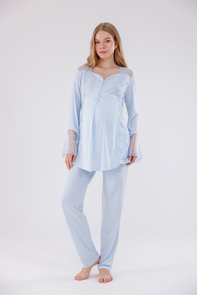 Yulem Homewear طقم بيجامة قطنية للحوامل بتصميم دانتيل خاص باللون الأزرق