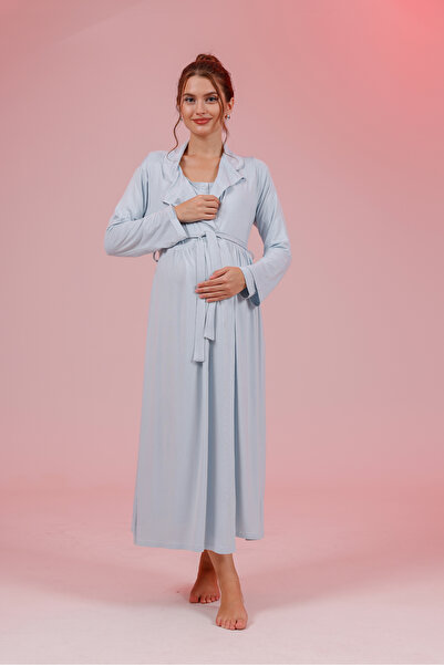 Yulem Homewear Mavi Uzun Kollu Pamuklu Tam Boy Sabahlıklı Lohusa Hamile Gecel...