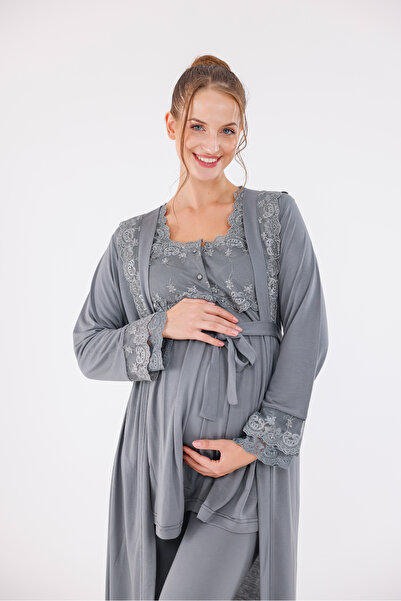 Yulem Homewear Füme Kol ve Yaka Dantelli Uzun Kol Pamuklu Lohusa Hamile Sabah...