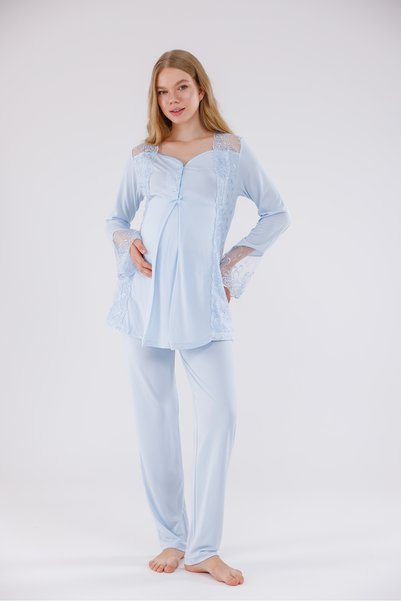 Yulem Homewear طقم بيجامة قطنية للحوامل بتصميم دانتيل خاص باللون الأزرق