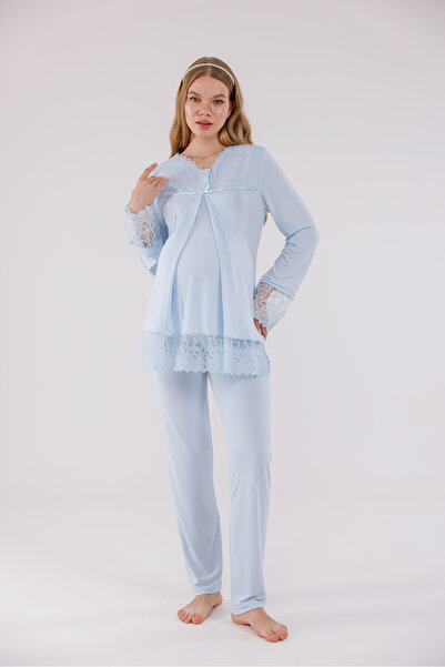 Yulem Homewear Σετ πιτζάμες εγκυμοσύνης με μπλε ειδικό σχέδιο δαντέλας με δυν...