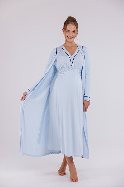 Yulem Homewear Μπλε με ρέλι Σχέδιο Βαμβακερό Μακρυμάνικο Νυχτικό Μητρότητας-Π...