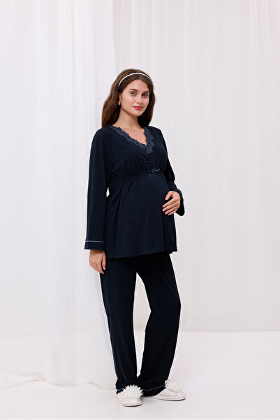 Yulem Homewear Set de pijamale de maternitate din bumbac cu dantelă, albastru...