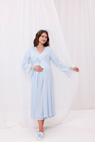 Yulem Homewear Mavi Dantel Detaylı Uzun Sabahlıklı Lohusa Hamile Gecelik-Saba...