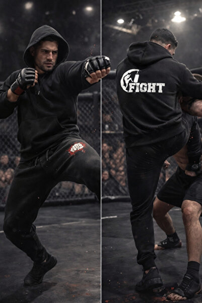HerTarzınTrendi Fight Printed Hooded unisex tracksuit set - black sport Hoode...