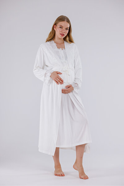 Yulem Homewear Ekru Özel Dantelli Uzun Kol Pamuklu Tam Boy Lohusa Hamile Gece...