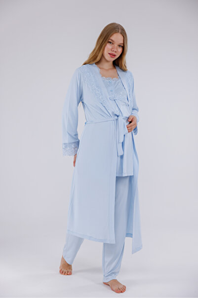 Yulem Homewear Mavi Kol ve Yaka Dantelli Uzun Kol Pamuklu Tam Boy Lohusa Hami...