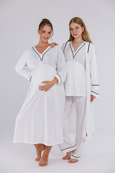 Yulem Homewear Ekru Biyeli Uzun Kollu Pamuklu Hamile Lohusa Sabahlıklı Pijama...
